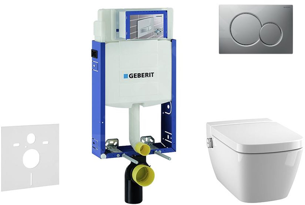 Inbouwreservoir voor hangend toilet met SIGMA01 bedieningsknop, mat chroom + Tece One - hangend douche-wc en wc-bril, Rimless, SoftClose