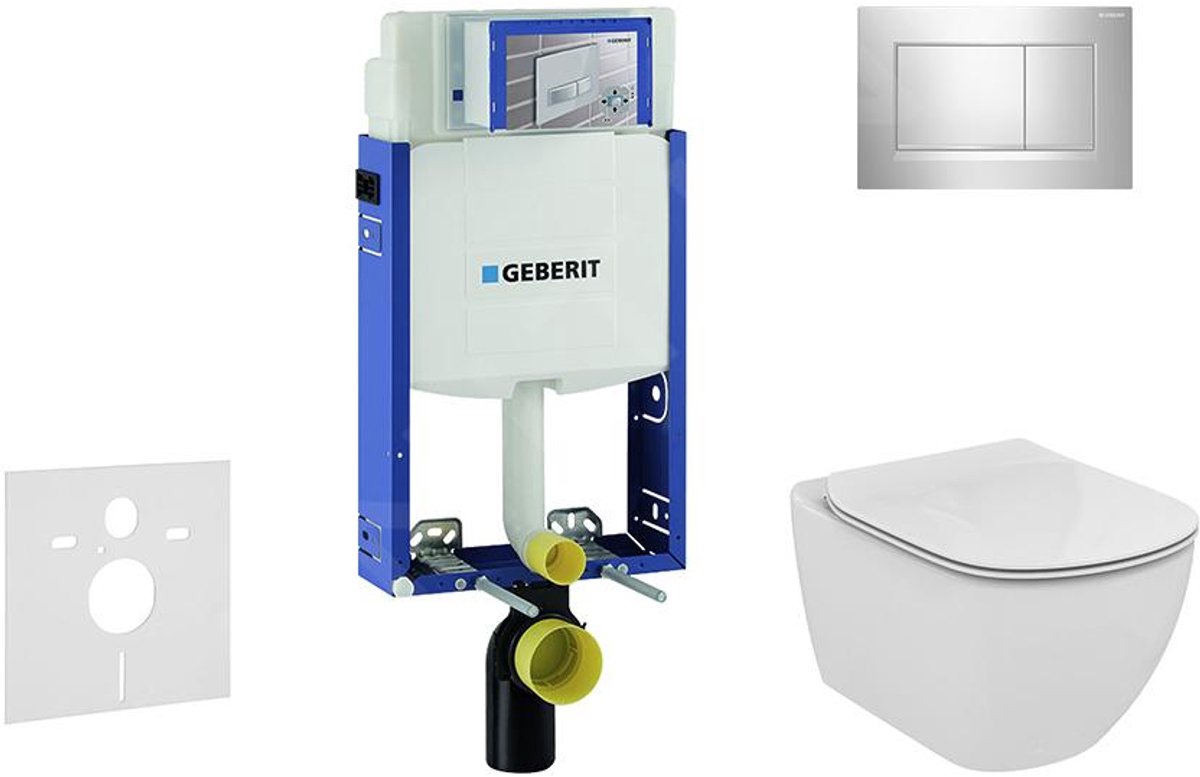 Inbouwreservoir voor hangend toilet met SIGMA30 bedieningsknop, glanzend chroom/mat chroom + Ideal Standard Tesi - hangend toilet en wc-bril, Aquablade, SoftClose