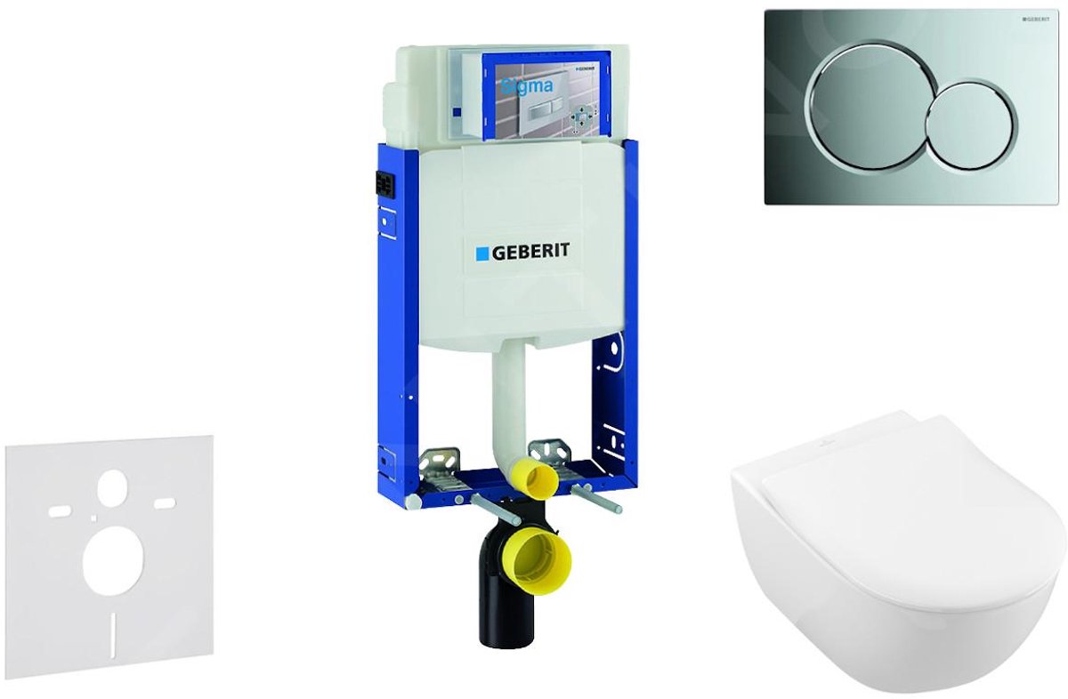 Toiletset met Sigma01 bedieningsplaat, glanzend chroom + Villeroy Boch hangend toilet en wc bril, DirectFlush, SoftClose, CeramicPlus