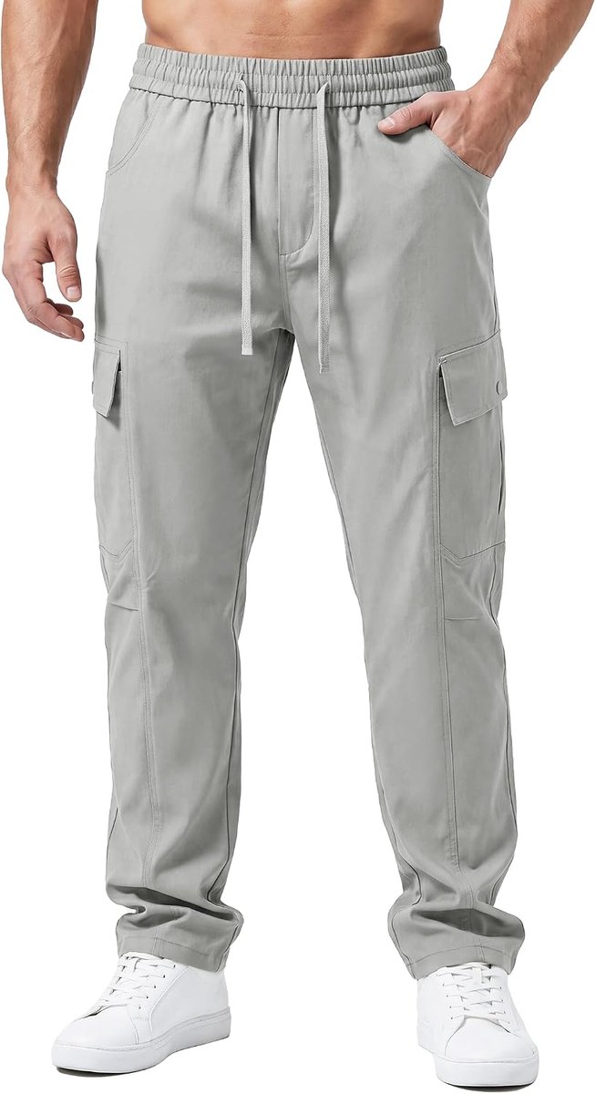 cargobroek voor heren, licht, sneldrogend, wandelbroek, jogger met veel zakken, elastische taille met trekkoord