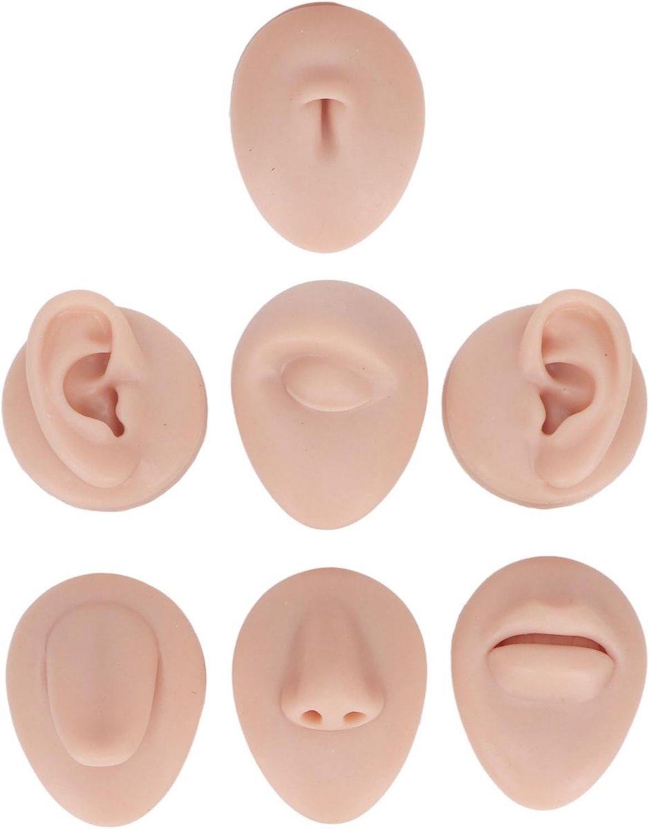 3D siliconen piercing, oefenmodel, set met realistische neus, lippen, tong, navel en oren voor tongpiercing, septum en helix-piercing