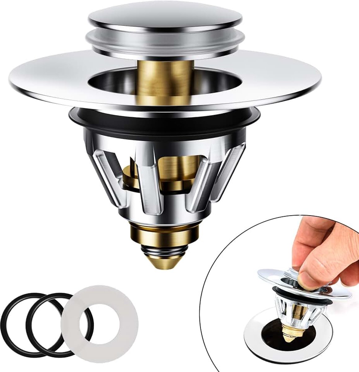 Vervanging van gootsteenstekker, badkamer pop-up gootsteenplug voor afvoergaten van 34-45 mm, universele gootsteenplug met afvoerzeef voor wastafel