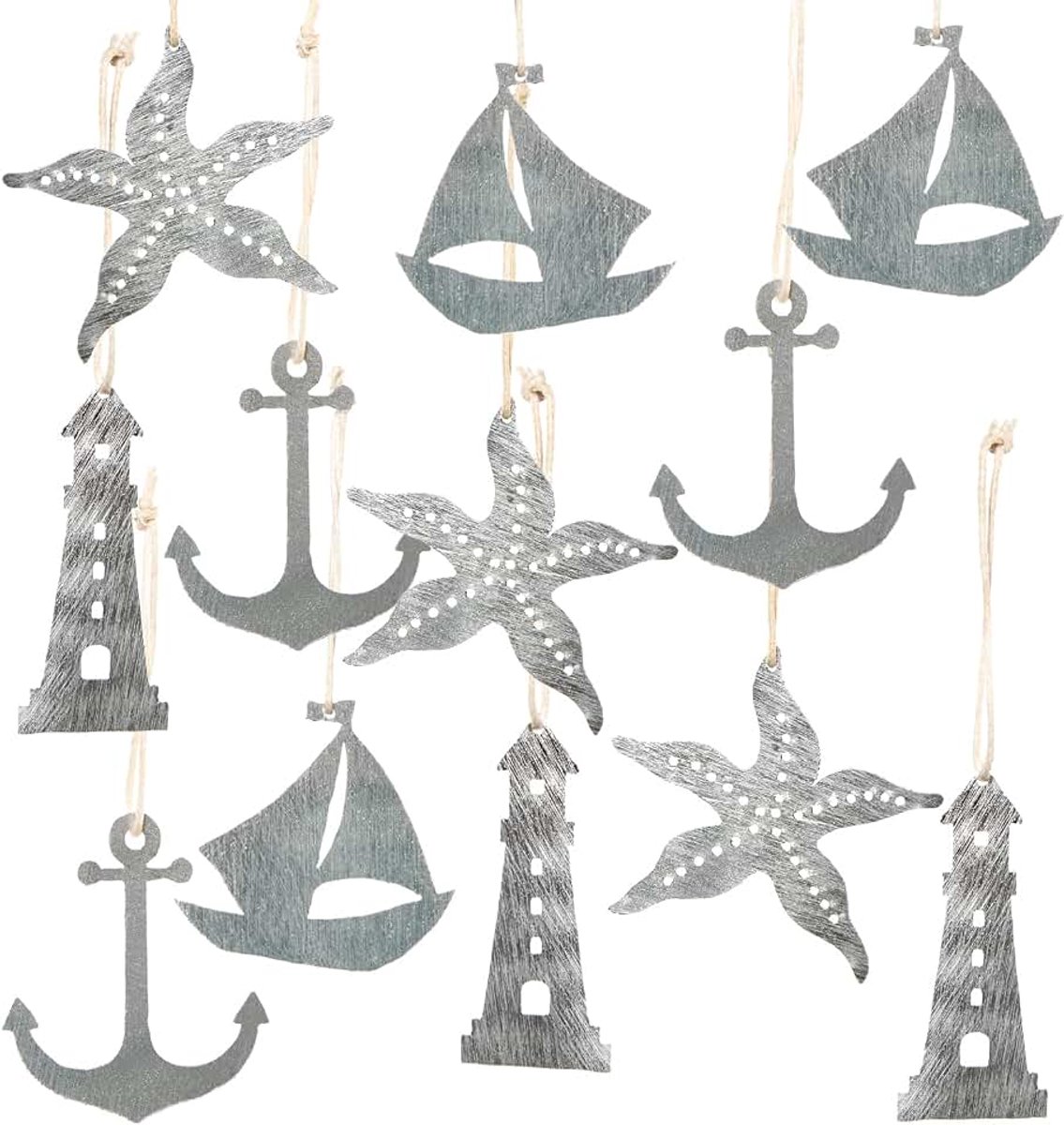 12 platte metalen hangers zeester + anker + schepen + vuurtoren - maritieme decoratie om op te hangen zilver glanzend metaal