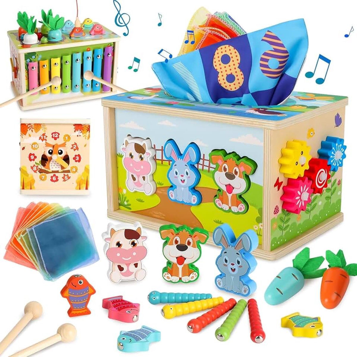 Montessori Babyspeelgoed, 1 jaar, zakdoekdoos voor baby's, xylofoon, vissen, vormsorteren, educatief STEM, cadeau voor kinderen, meisjes en jongens