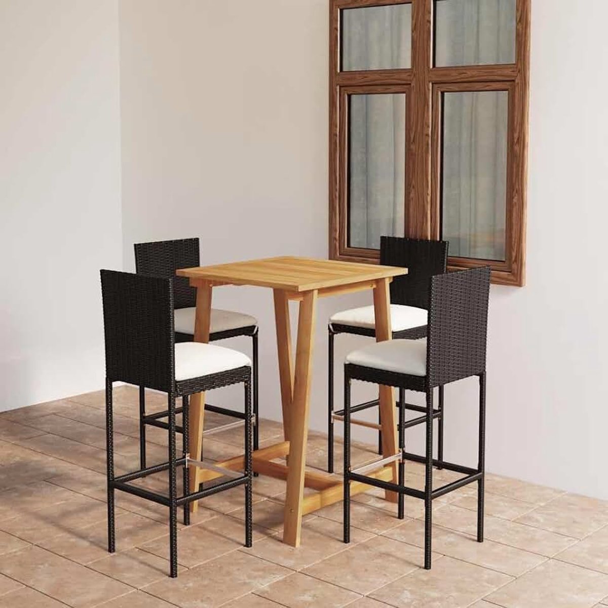 5-delige tuinbarset zwart met massief acaciahout tafel, olie behandeld, en barkrukken met gepoedercoat stalen frame, weerbestendig PE-rotan, dik afneembaar