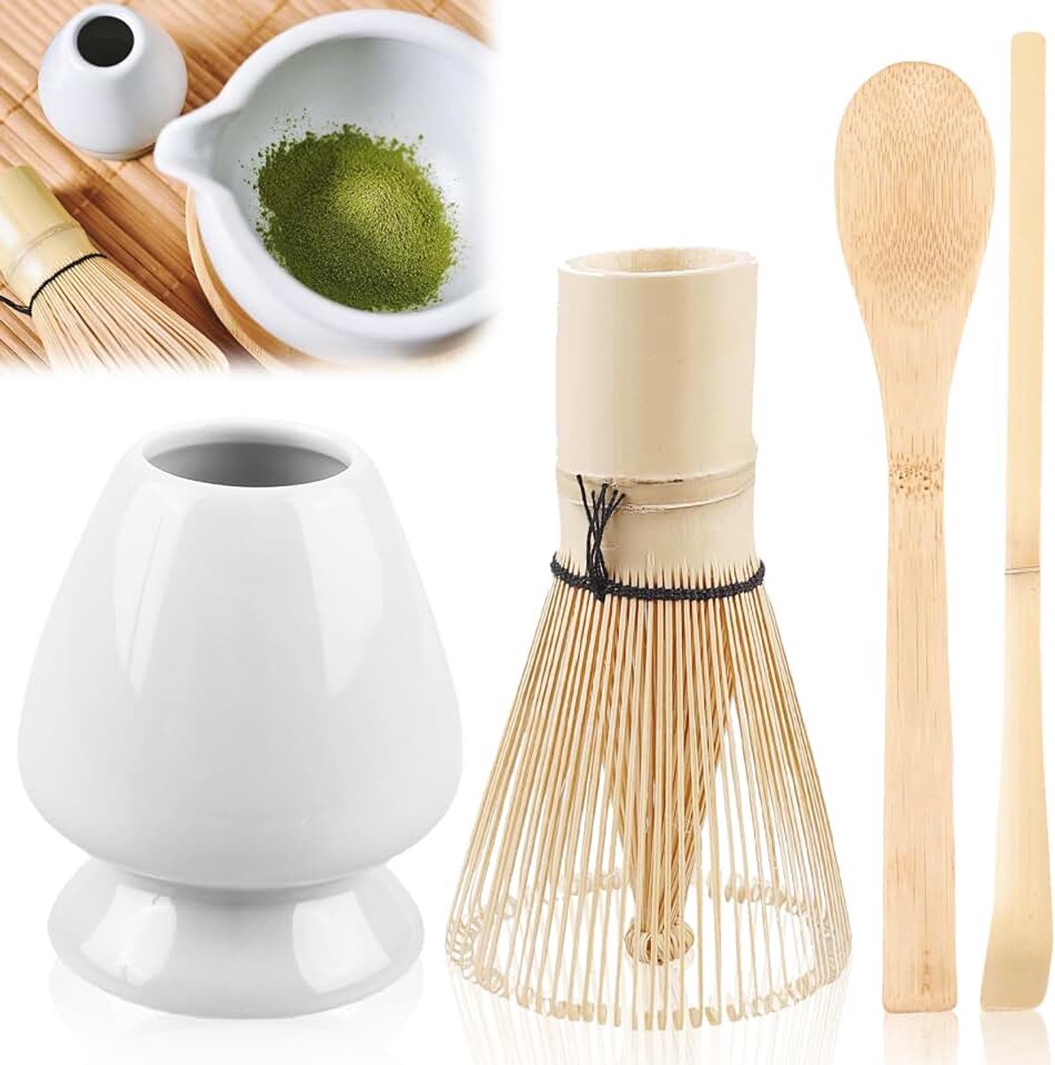 4-deelige set met bezem, lepel en whisk, borstelharen 70, theepinselhouder van keramiek, accessoires