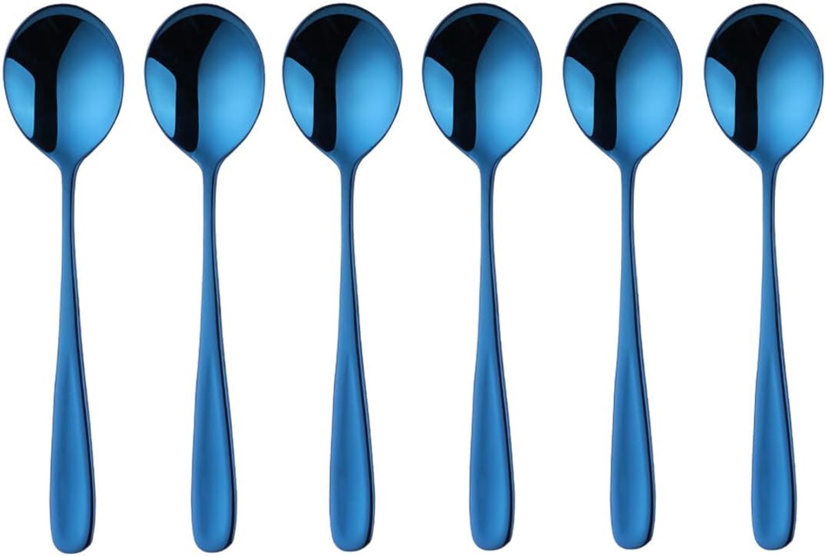 Mueslilepel 18/10 roestvrij staal, soeplepel, 6 stuks, lengte 17,5 cm breed, 4,5 cm, tafellepel, soeplepel voor pap, dessertlepel, soeplepels (blauw)