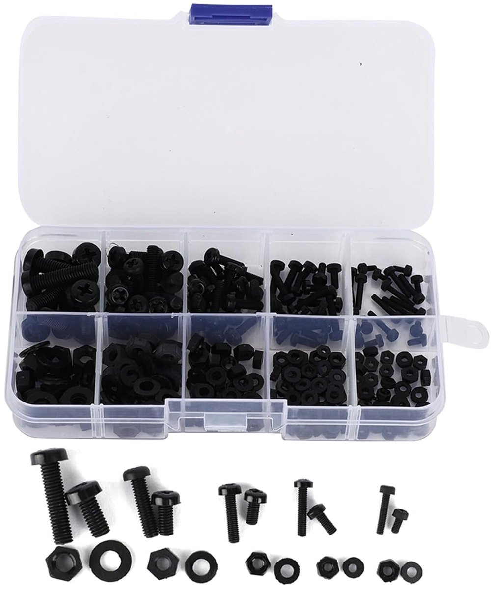 270 stuks nylon sluitringen M2 tot M5 met opbergdoos voor schroeven, zwart