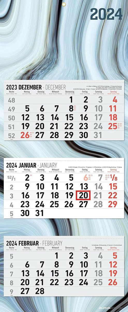 3-Monatskalender Design 2024 - Büro-Kalender 33x20 cm (geschlossen), 33x80 cm (geöffnet) - faltbar - mit Datumsschieber - Alpha Edition