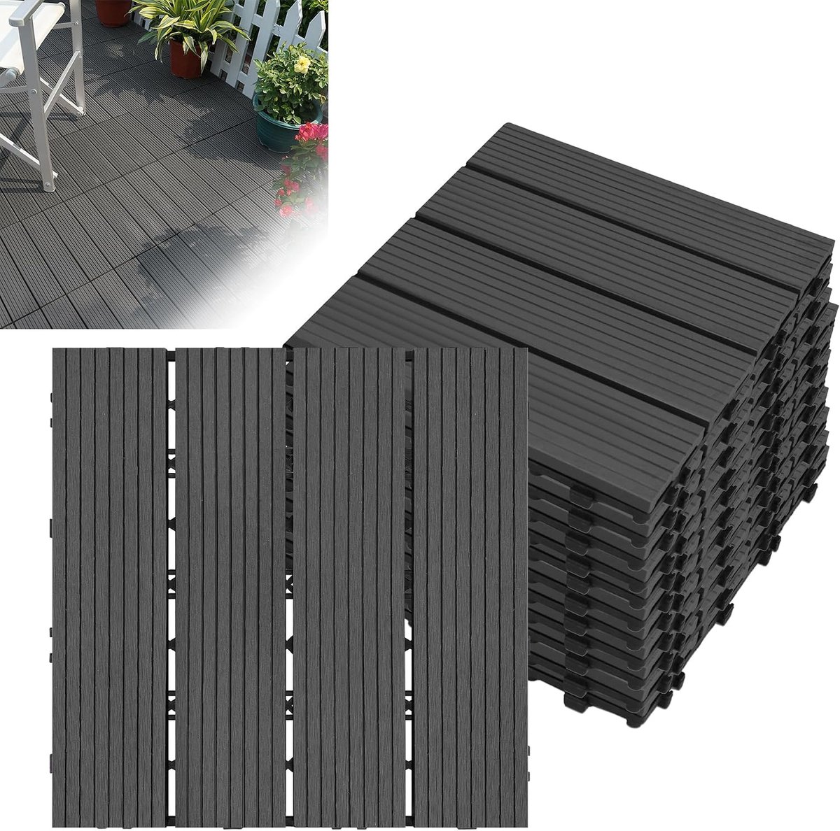 Tegelset, 30 x 30 cm hout kunststof tegels, waterdichte vloerbedekking met drainage en kliksysteem, corrosiebestendig, balkontegels, antislip vloerbedekking, antraciet (2 ㎡)