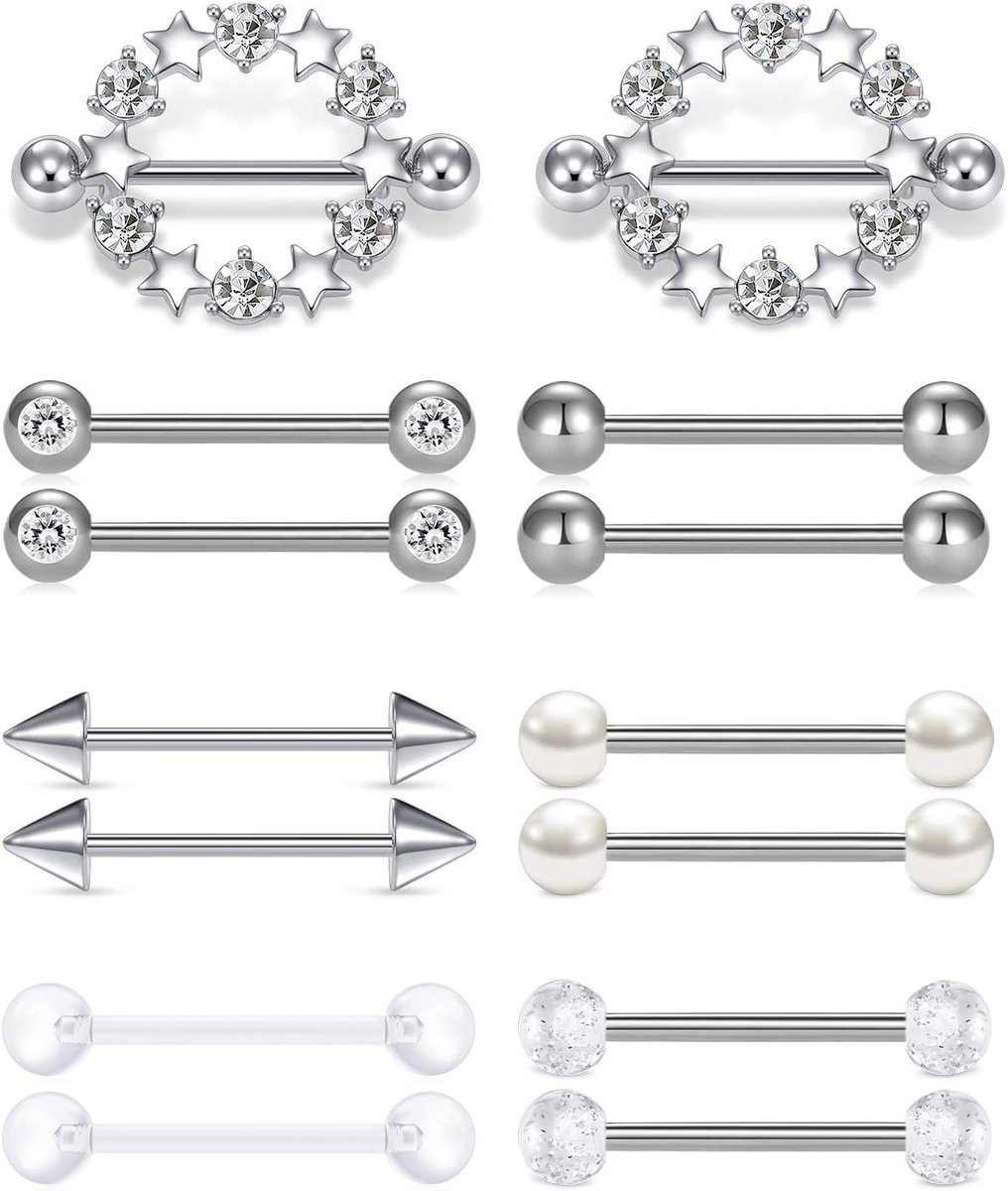 7 Pairs Tepel Piercing Bars Rvs 14G 16mm Tepel Ringen Rechte Tong Halters Zilver Paars Ster Crystal Piercing Sieraden Vrouwen Meisjes, Roestvrij staal, Kristal, Staal