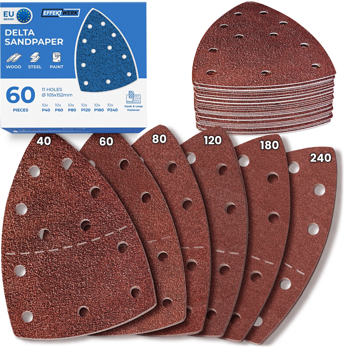 EffektWerk Delta Schuurpapier – 60 stuks – 11 gaten – 105 x 152 mm – Driehoekige Schuurpads voor Driehoekschuurmachines – Korrel 40, 60, 80, 120, 180 en 240