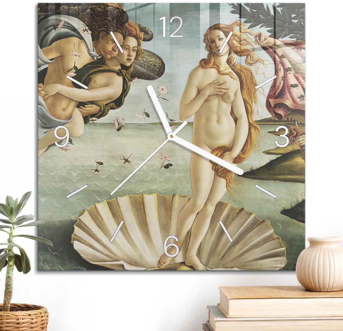 ArtPrintCave Groene Glazen Klok - 30x30 cm - Wandklok Vierkant - De Geboorte Van Venus Unieke Klok - Natuur Stille Wandklok - Witte Klokwijzers