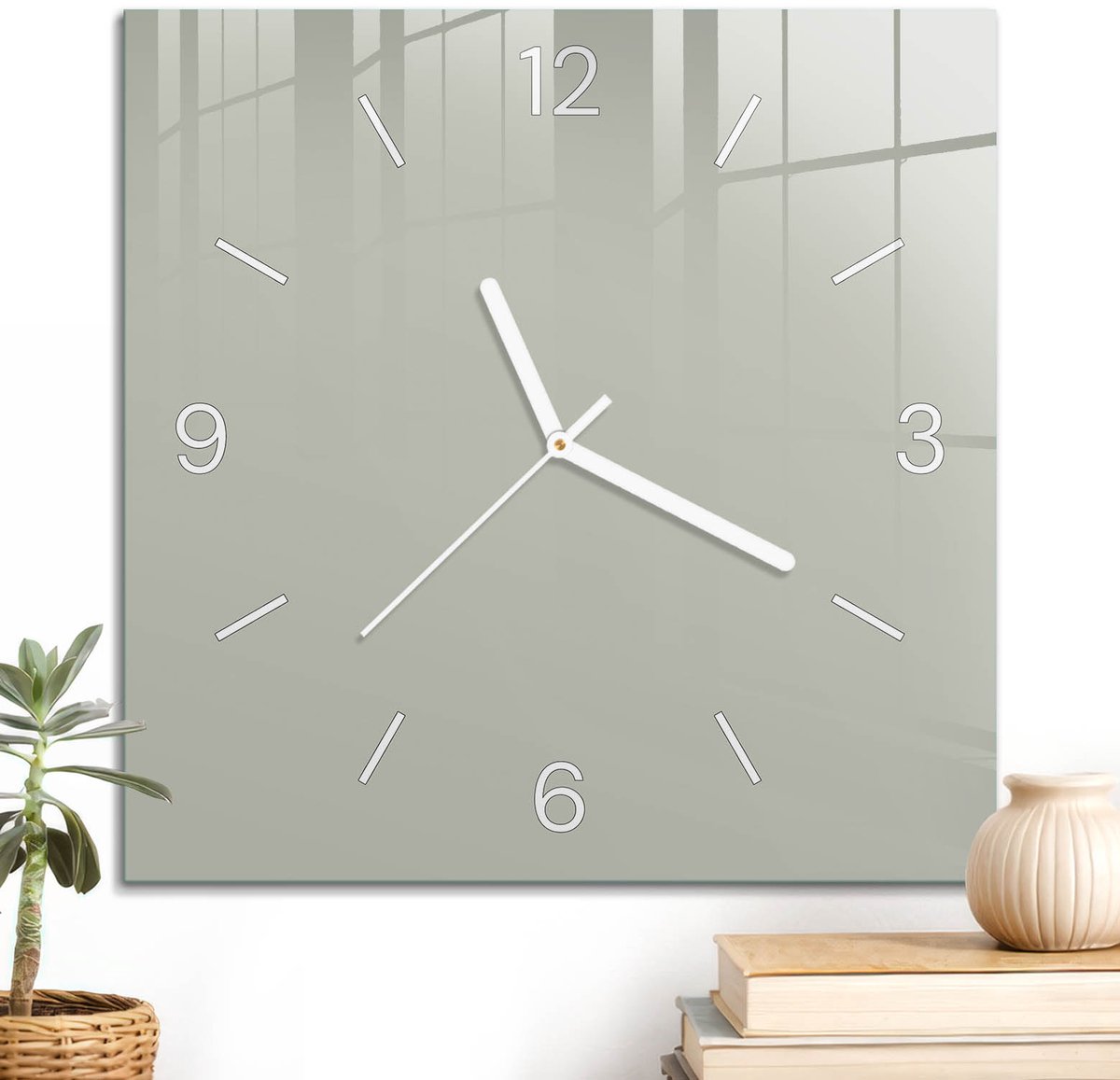 ArtPrintCave Grijs Glazen Klok - 30x30 cm - Wandklok Vierkant - Warmgrijs Wandklok Keuken - Abstractie Unieke Klok - Witte Klokwijzers