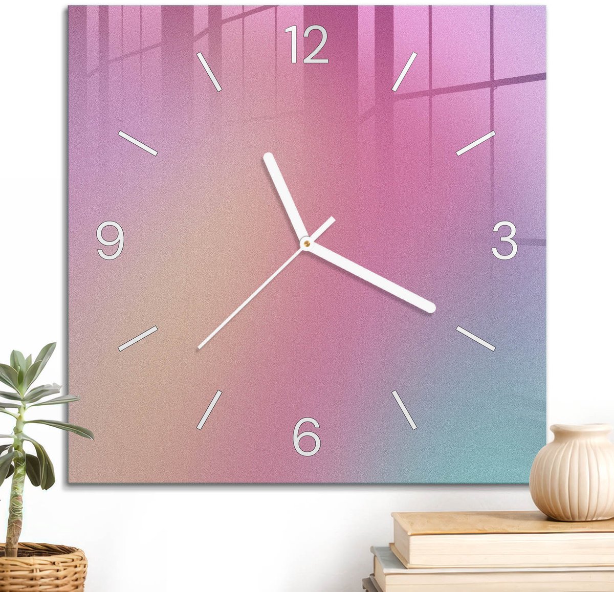 ArtPrintCave Roze Glazen Klok - 30x30 cm - Wandklok Vierkant - Pastelkleurige Overgang Stille Wandklok - Abstractie Wandklok Keuken - Witte Klokwijzers