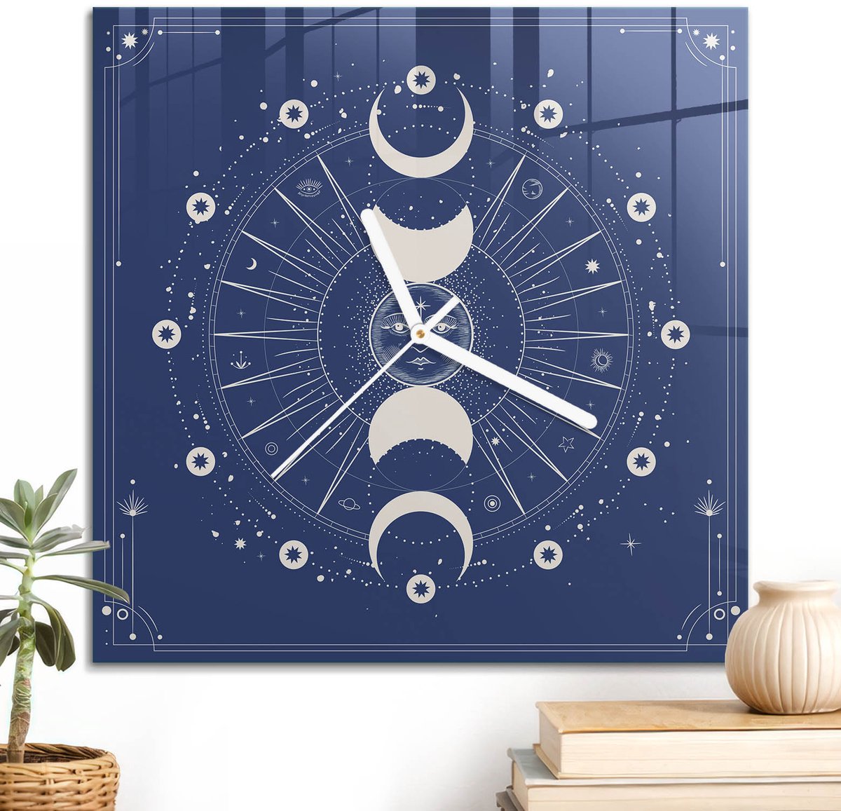 ArtPrintCave Marine Glazen Klok - 30x30 cm - Wandklok Vierkant - Maanfasen Wandklok Keuken - Kunst Unieke Klok - Witte Klokwijzers