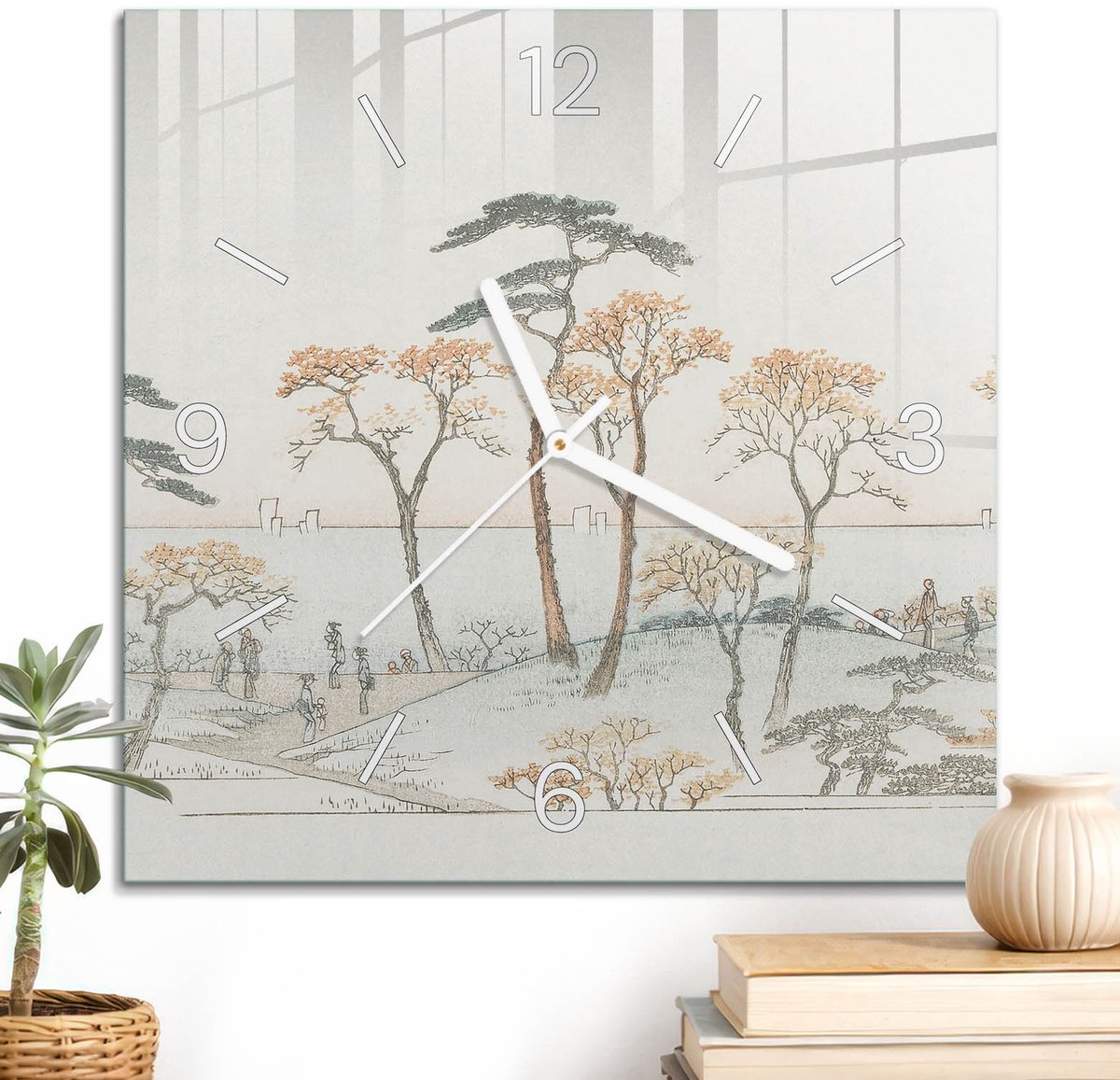 ArtPrintCave Grijs Glazen Klok - 30x30 cm - Wandklok Vierkant - Japans Landschap Unieke Klok - Natuur Stille Wandklok - Witte Klokwijzers