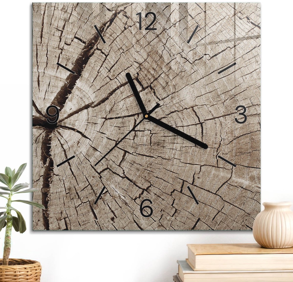 ArtPrintCave Bruin Glazen Klok - 30x30 cm - Wandklok Vierkant - Houtstructuur Wandklok Keuken - Natuur Unieke Klok - Zwarte Klokwijzers