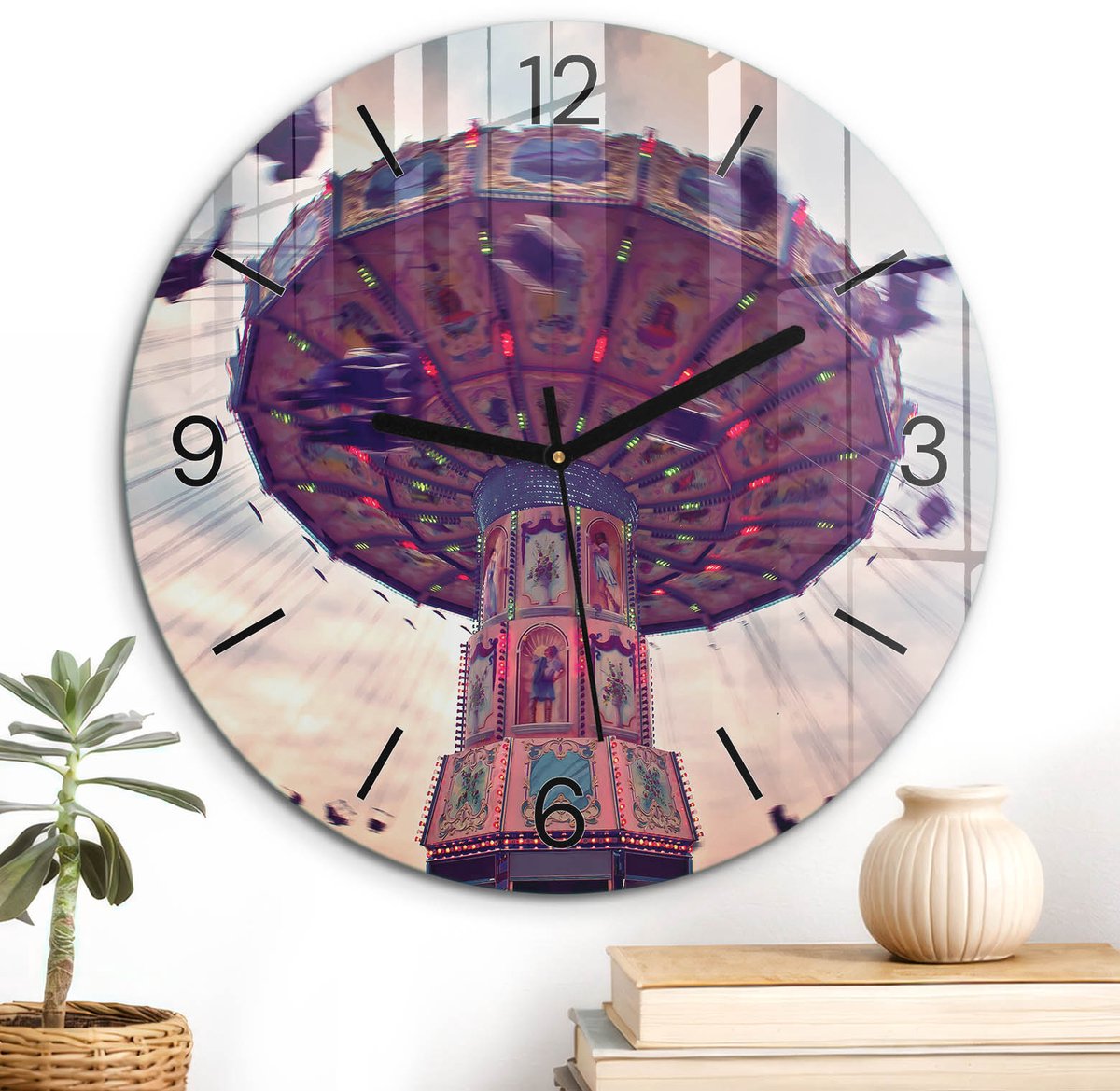 ArtPrintCave Oranje Glazen Klok - Wandklok 30 cm - Muurklok Rond - Pretpark Unieke Klok - Kunst Stille Wandklok - Zwarte Klokwijzers