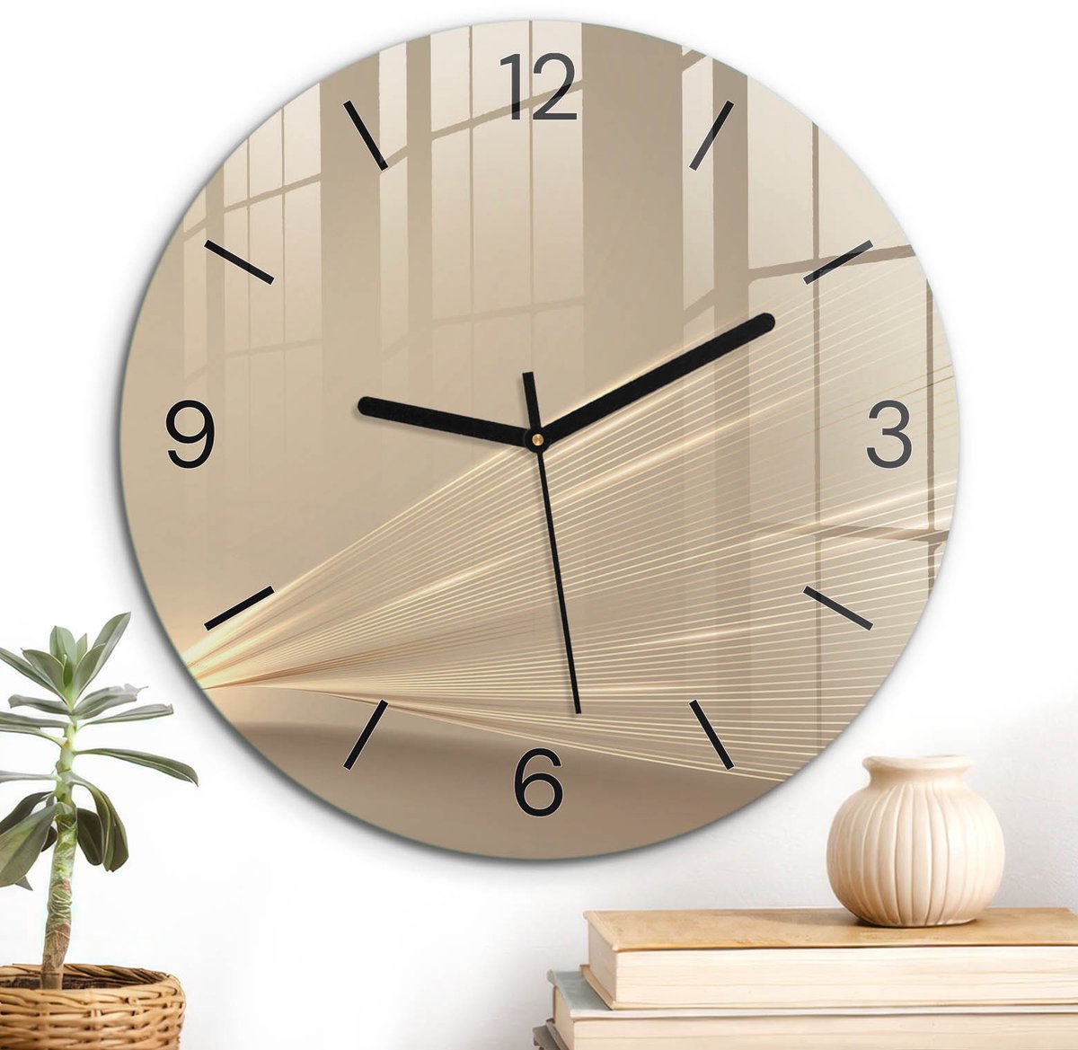 ArtPrintCave Beige Glazen Klok - Wandklok 30 cm - Muurklok Rond - Lineair Patroon Unieke Klok - Achtergronden En Patronen Stille Wandklok - Zwarte Klokwijzers