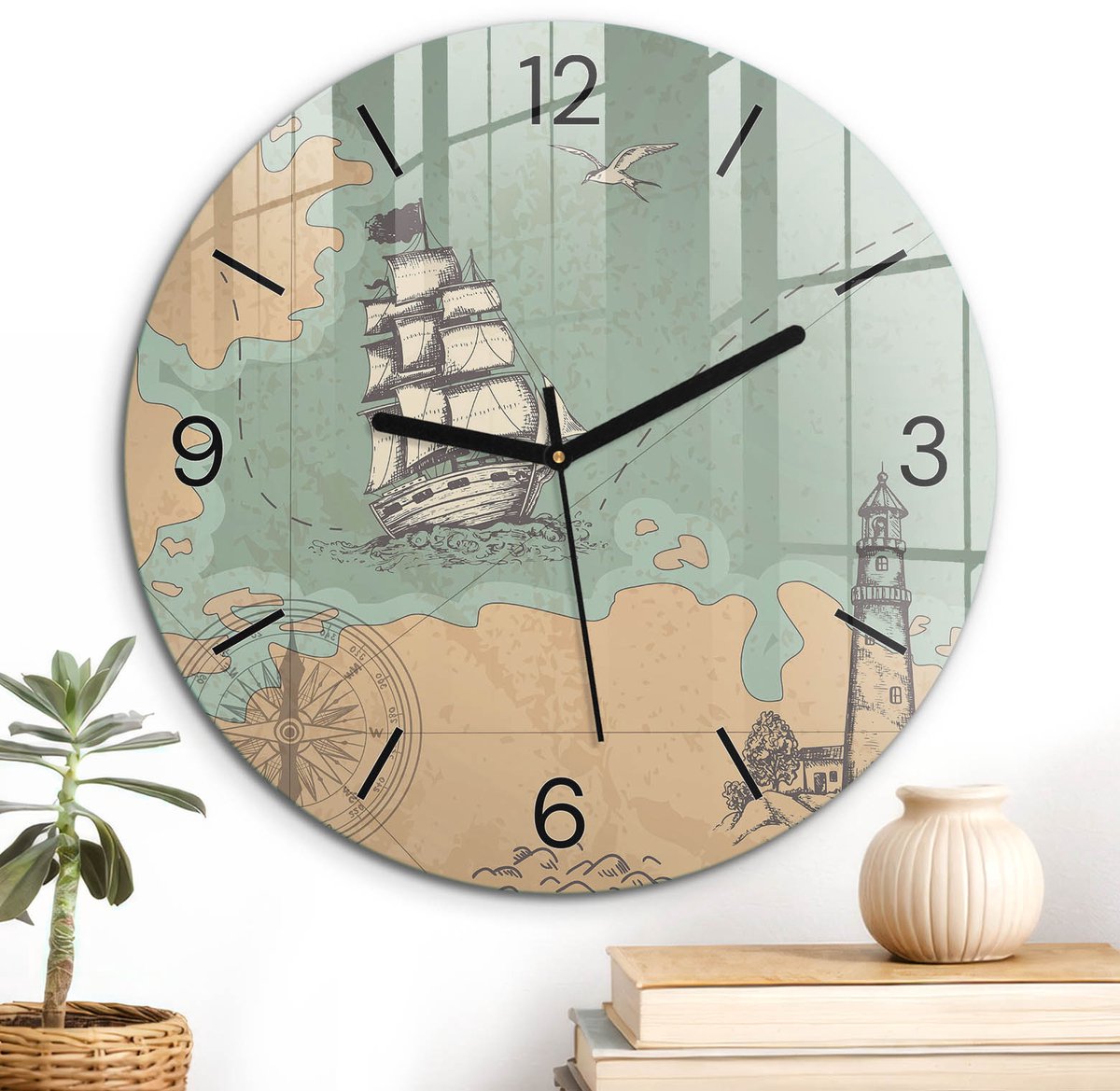 ArtPrintCave Beige Glazen Klok - Wandklok 30 cm - Muurklok Rond - Zeeavontuur Wandklok Keuken - Natuur Unieke Klok - Zwarte Klokwijzers