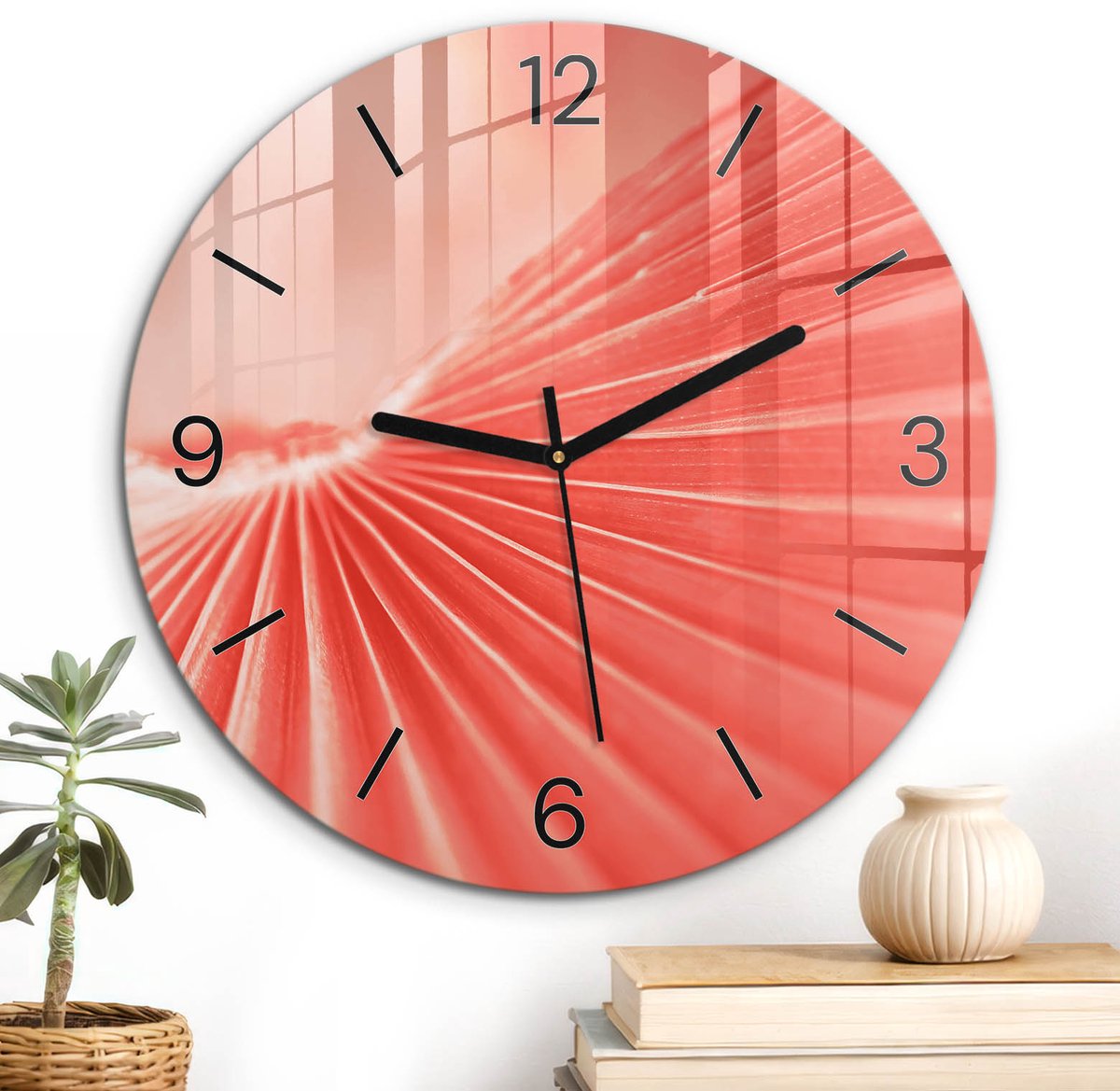 ArtPrintCave Rood Glazen Klok - Wandklok 30 cm - Muurklok Rond - Lijnenergie Unieke Klok - Kunst Stille Wandklok - Zwarte Klokwijzers