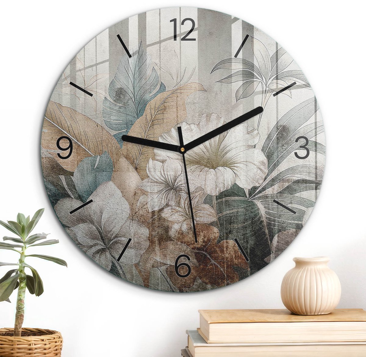 ArtPrintCave Beige Glazen Klok - Wandklok 30 cm - Muurklok Rond - Bloemen Van De Natuur Unieke Klok - Kunst Stille Wandklok - Zwarte Klokwijzers