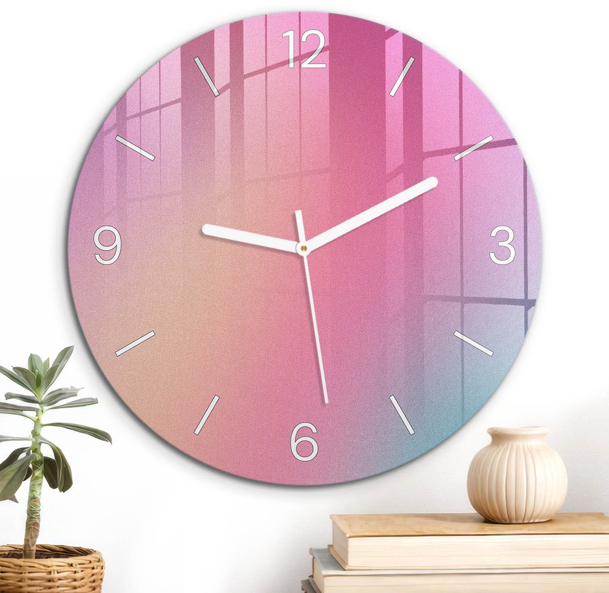 ArtPrintCave Roze Glazen Klok - Wandklok 30 cm - Muurklok Rond - Pastelkleurige Overgang Unieke Klok - Abstractie Stille Wandklok - Witte Klokwijzers
