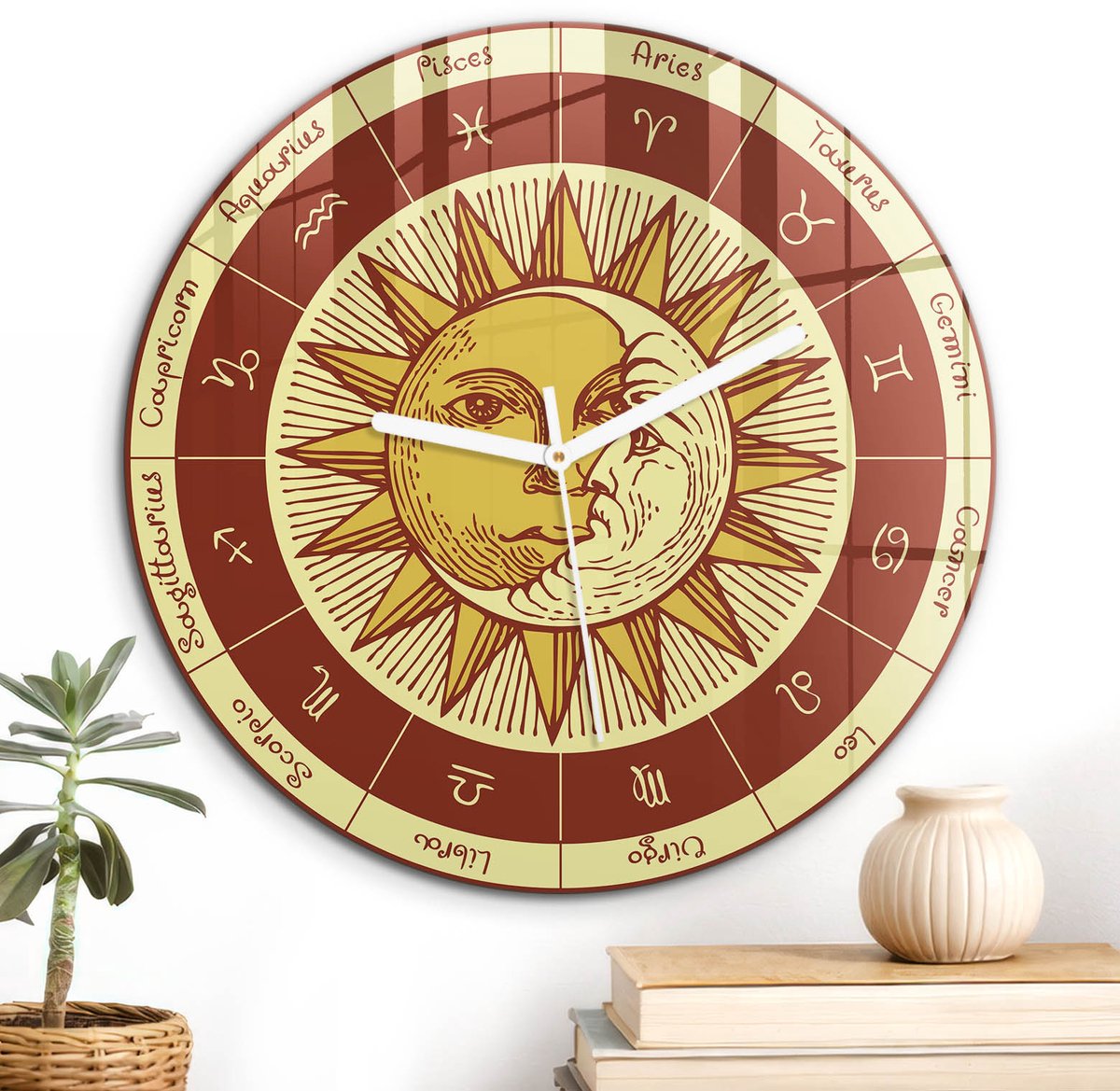 ArtPrintCave Rood Glazen Klok - Wandklok 30 cm - Muurklok Rond - Dierenriem Astrologie Stille Wandklok - Natuur Wandklok Keuken - Witte Klokwijzers