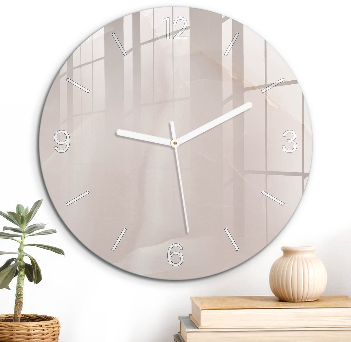 ArtPrintCave Beige Glazen Klok - Wandklok 30 cm - Muurklok Rond - De Elegantie Van De Natuur Wandklok Keuken - Natuur Unieke Klok - Witte Klokwijzers