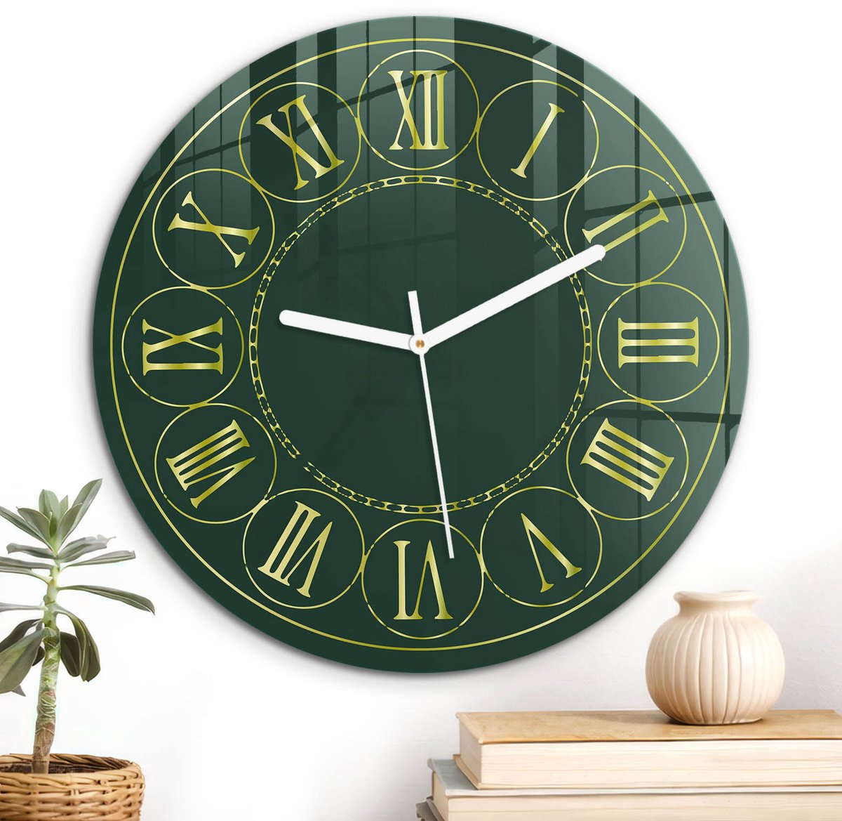 ArtPrintCave Groene Glazen Klok - Wandklok 30 cm - Muurklok Rond - Klassieke Klok Stille Wandklok - Kunst Wandklok Keuken - Witte Klokwijzers