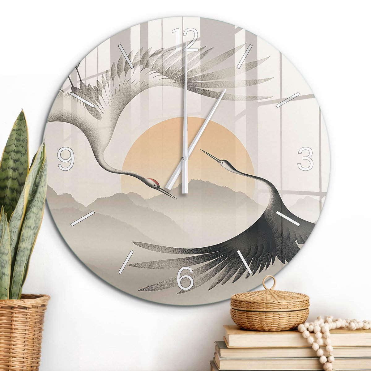 ArtPrintCave Grijs Glazen Klok - Wandklok 60 cm - Muurklok Rond - Bergkraanvogels Stille Wandklok - Dieren Wandklok Keuken - Witte Klokwijzers