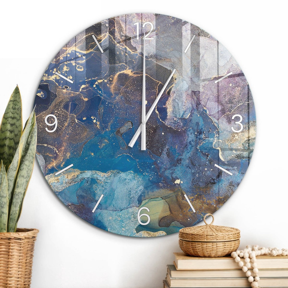 ArtPrintCave Blauw Glazen Klok - Wandklok 60 cm - Muurklok Rond - Kleurrijke Werveling Stille Wandklok - Kunst Wandklok Keuken - Witte Klokwijzers