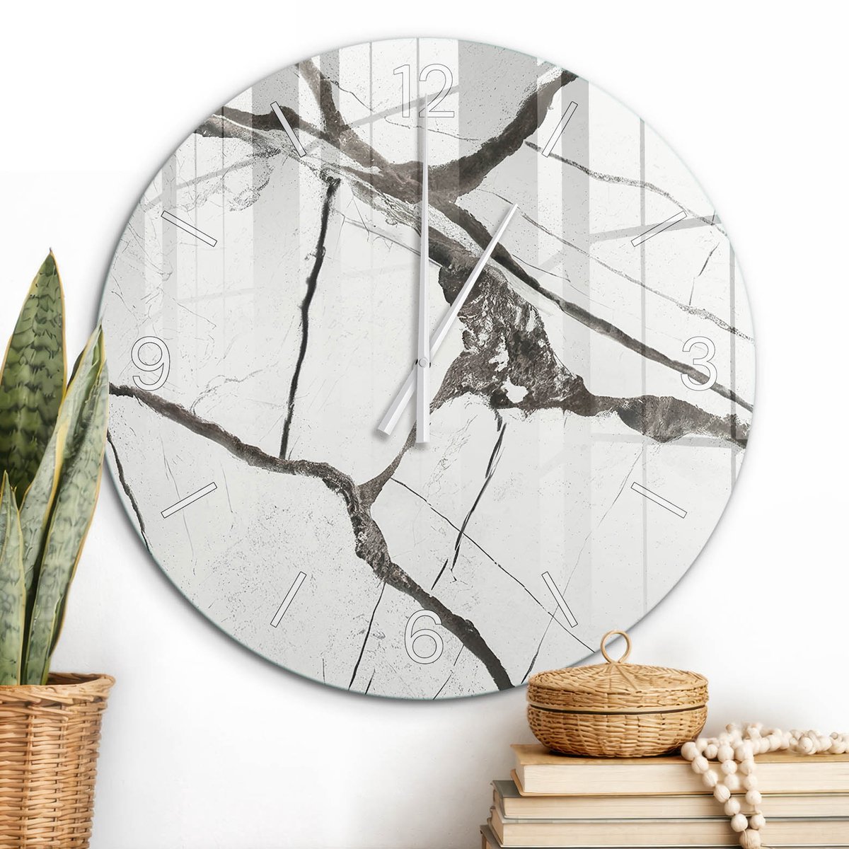 ArtPrintCave Wit Glazen Klok - Wandklok 60 cm - Muurklok Rond - Marmer Abstractie Wandklok Keuken - Abstractie Unieke Klok - Witte Klokwijzers
