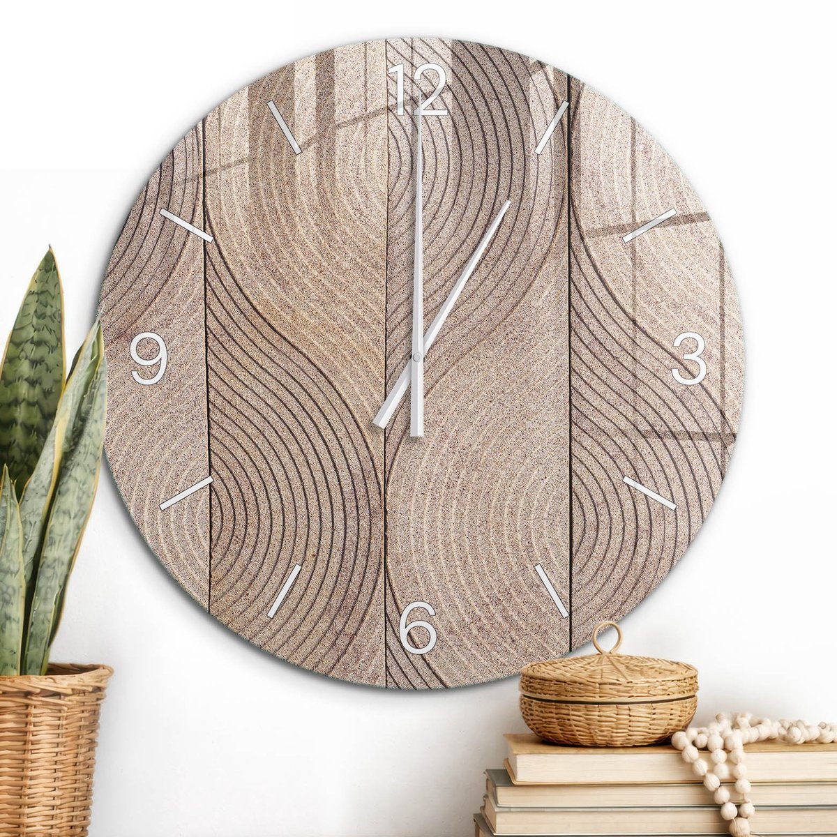 ArtPrintCave Beige Glazen Klok - Wandklok 60 cm - Muurklok Rond - Geometrische Golven Stille Wandklok - Achtergronden En Patronen Wandklok Keuken - Witte Klokwijzers