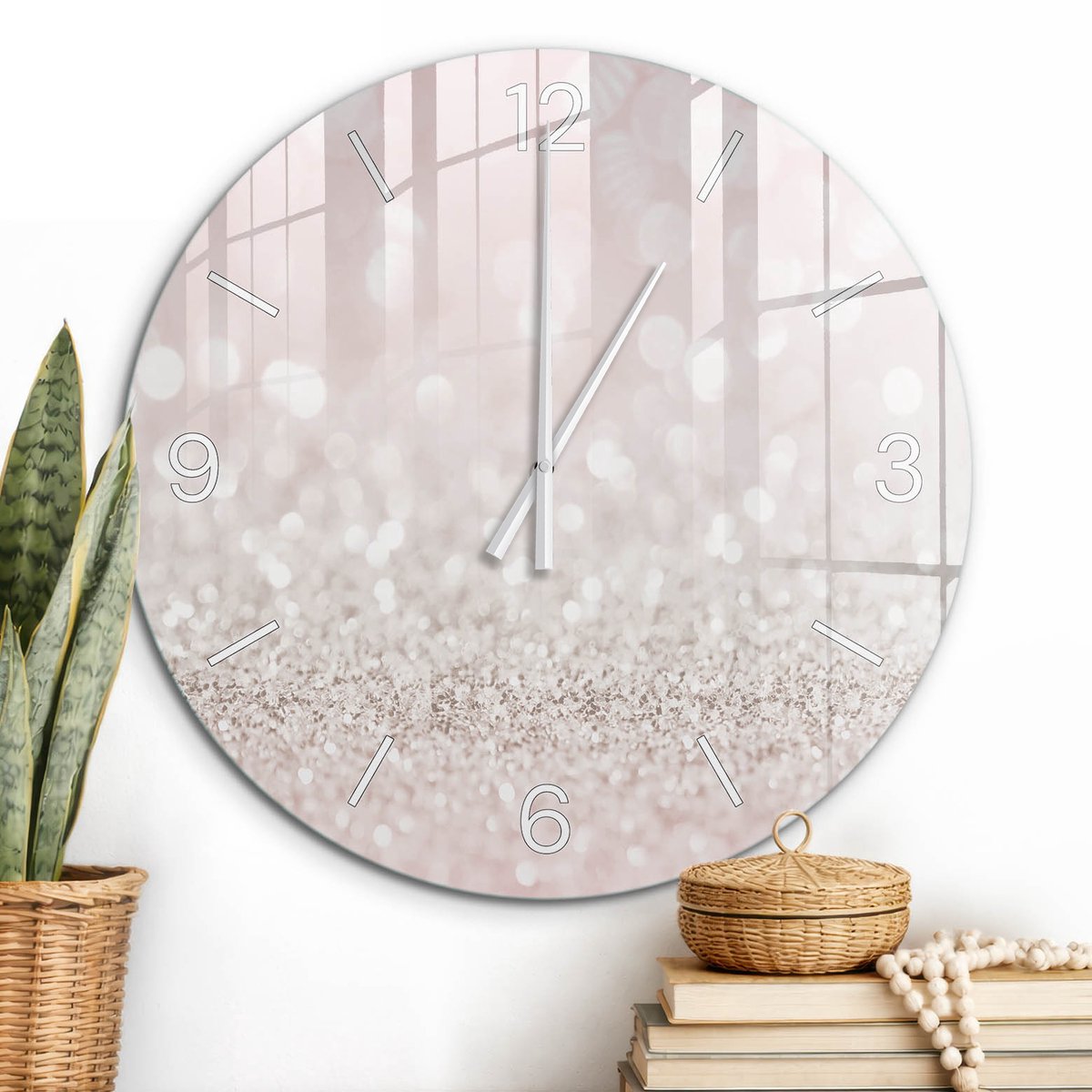 ArtPrintCave Roze Glazen Klok - Wandklok 60 cm - Muurklok Rond - Romantische Gloed Unieke Klok - Abstractie Stille Wandklok - Witte Klokwijzers