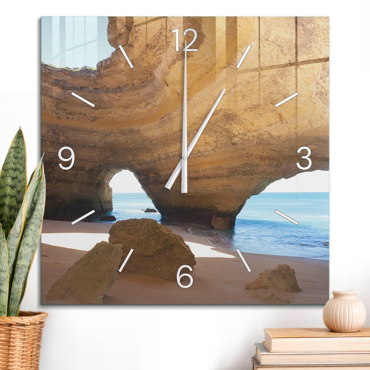 ArtPrintCave Geel Glazen Klok - 60x60 cm - Wandklok Vierkant - Zonnige Grot Stille Wandklok - Natuur Wandklok Keuken - Witte Klokwijzers