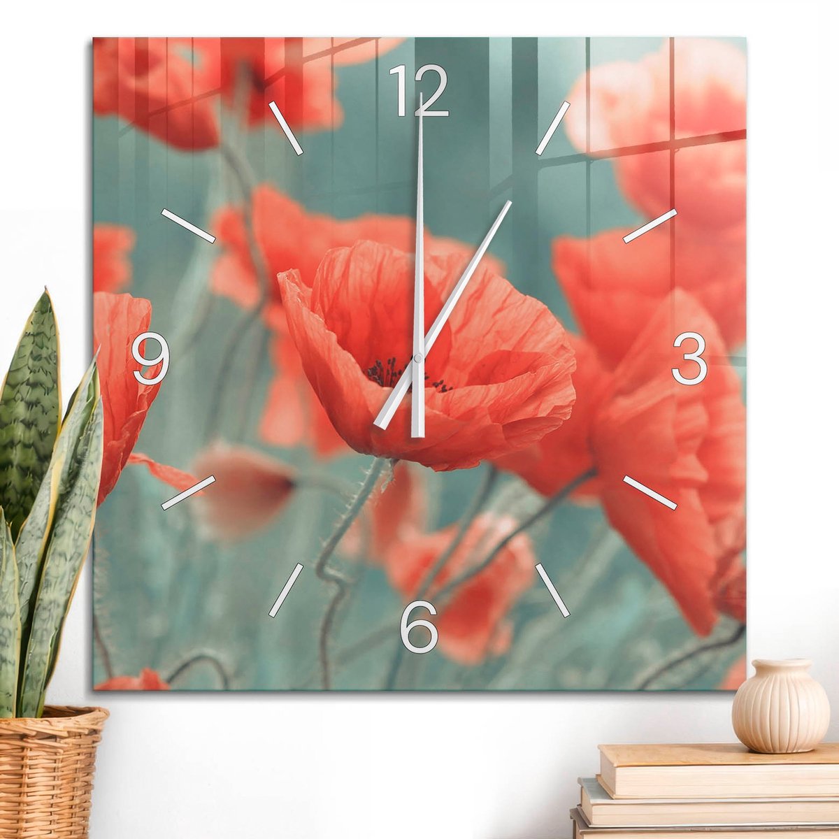 ArtPrintCave Rood Glazen Klok - 60x60 cm - Wandklok Vierkant - Rode Klaprozen Unieke Klok - Natuur Stille Wandklok - Witte Klokwijzers