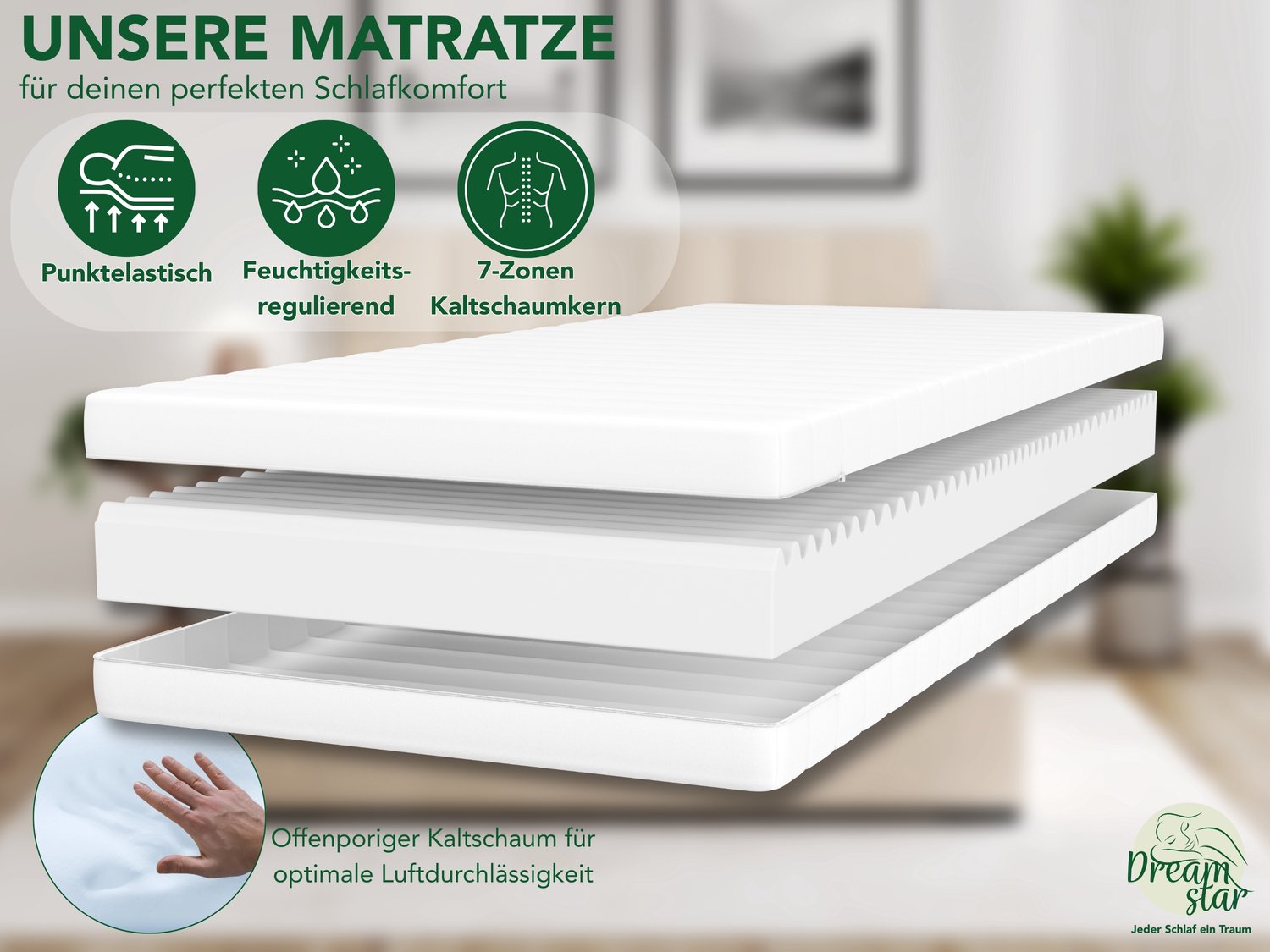 Dreamstar Ergonomisch 7-zone koudschuimmatras | 80 x 200 cm | 11cm | H4 | DREAMSTAR Easy Sleep wit