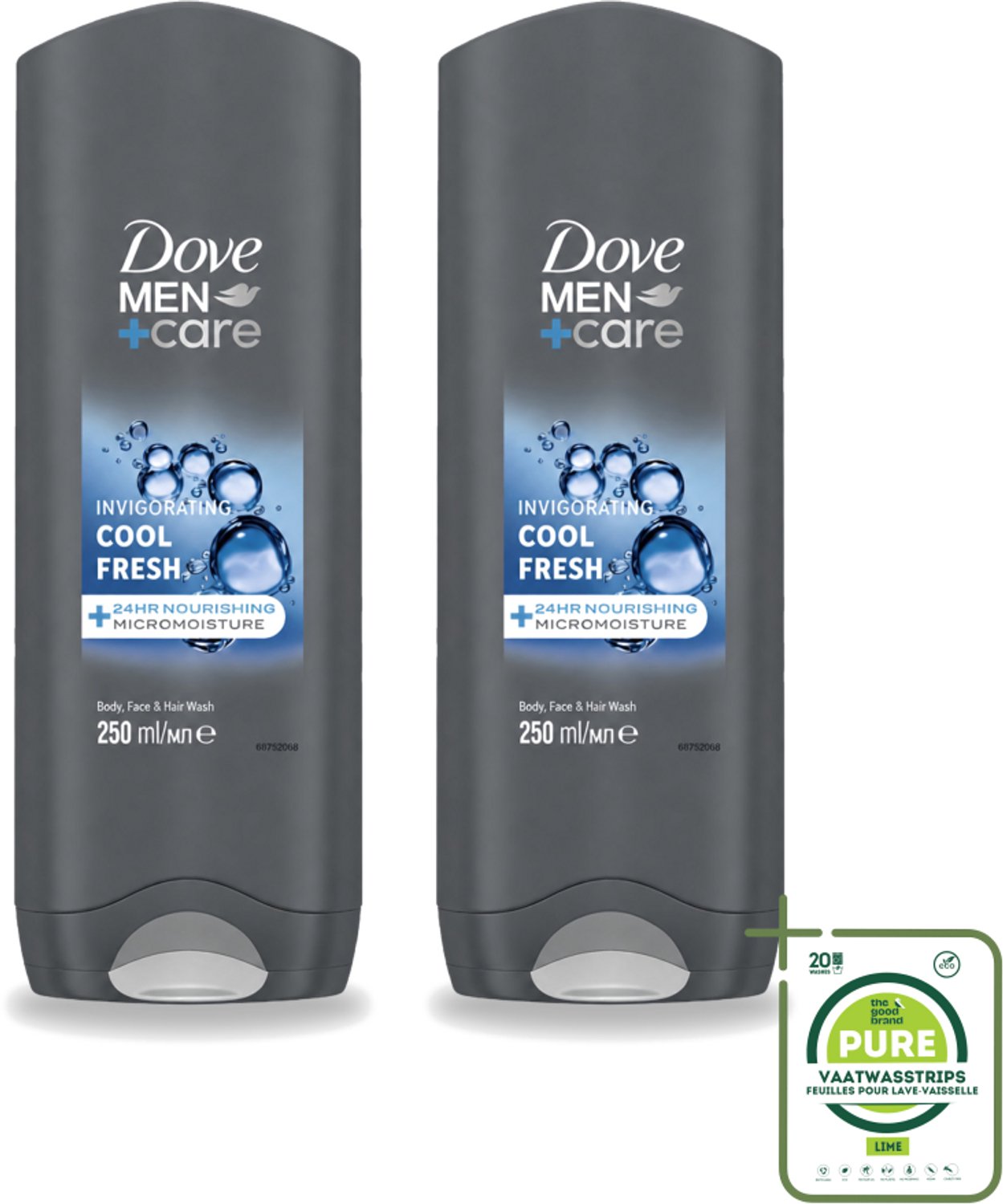 2 x Dove Men+Care Douchegel - Cool Fresh - 250 ml - Grootverpakking - Vaatwasstrips - Douchegel Voor Mannen - Hydraterende Douchegel - Verfrissende Douchegel - Douchegel Voor Gezicht - Douchegel Voor Lichaam