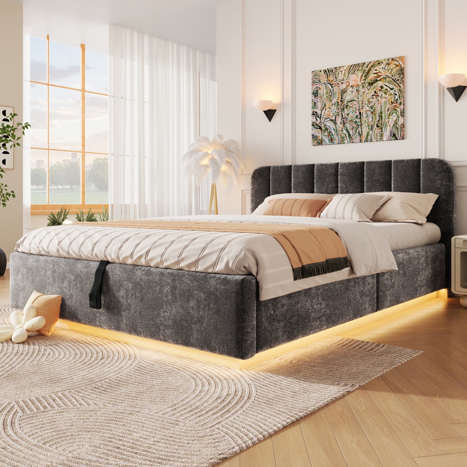 OKWISH Gestoffeerd Tweepersoonsbed 140 x 200 cm - Met Lattenbodem en Ledverlichting - Hydraulische Opbergruimte - Chenille - Zonder Matras - Antraciet