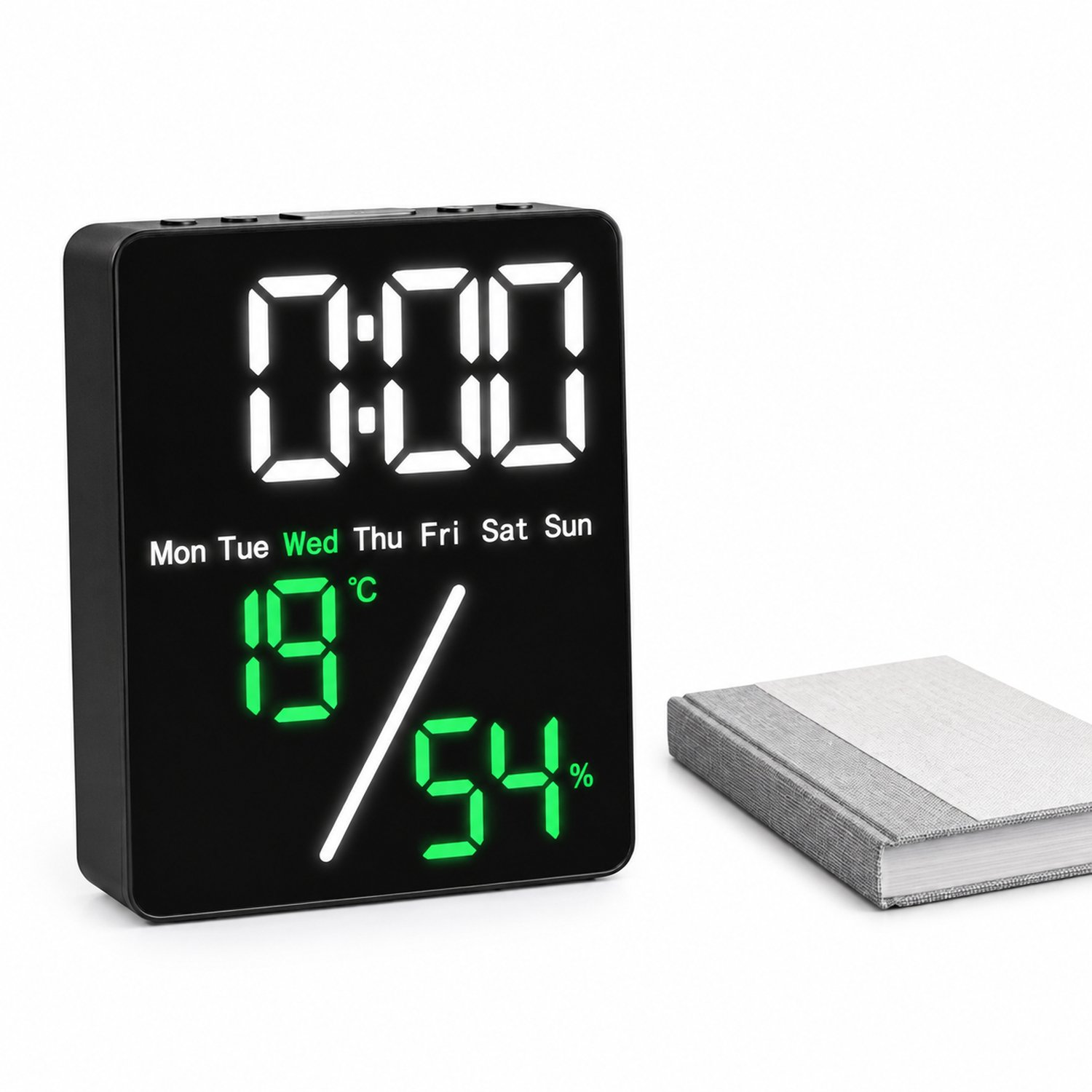 wekker met digitaal LED-display en temperatuurweergave - zwarte ABS-behuizing met groene weergave - externe voeding - 12 x 2,5 x 12 cm