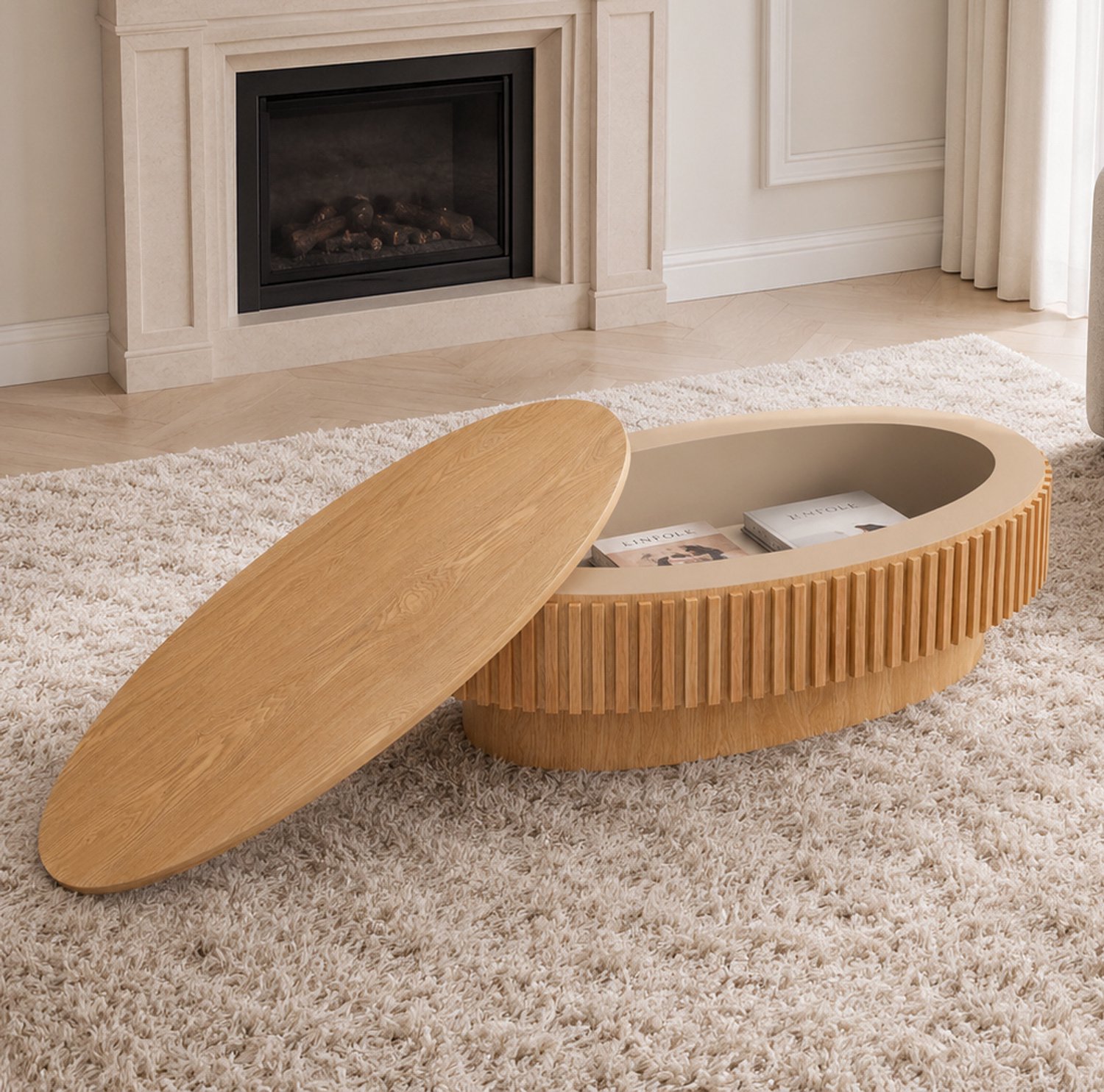 CHICFURN Salontafel 98 cm - Verborgen opbergruimte - Afneembaar blad - Naturel houtkleur Natuurlijke houtkleur