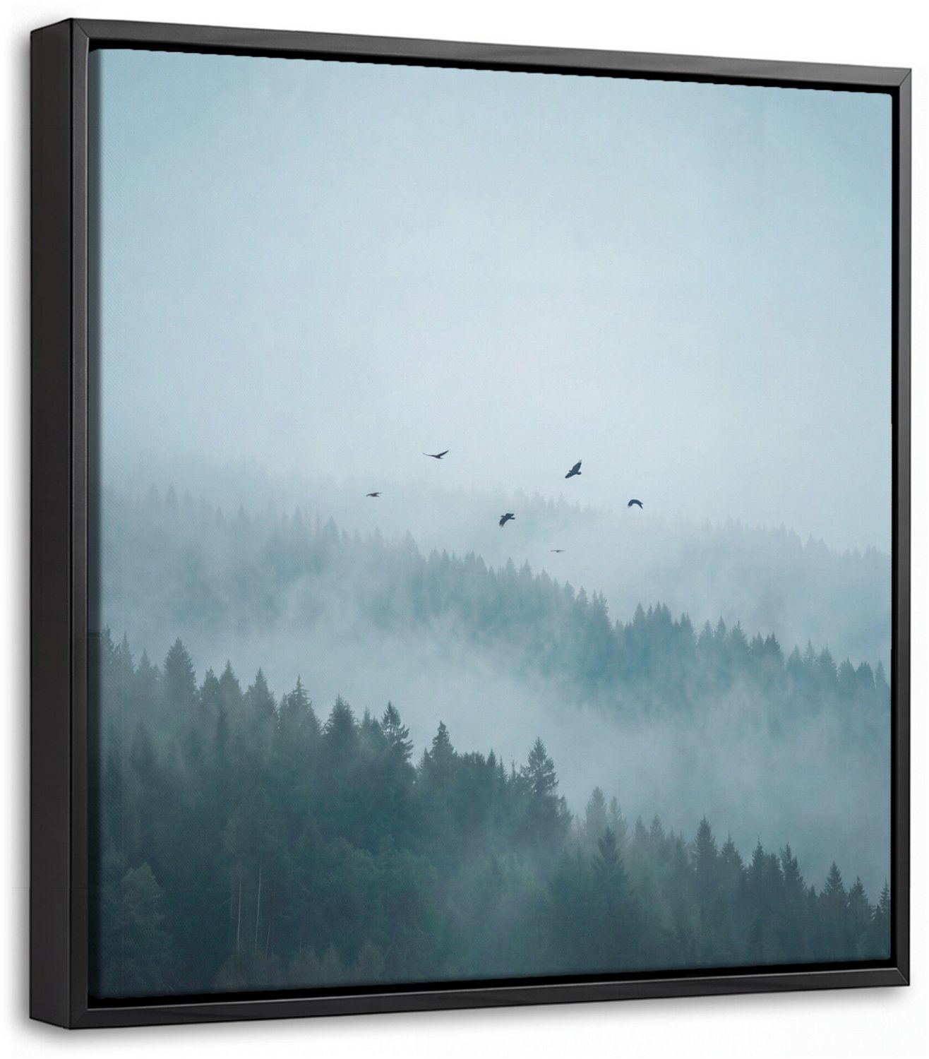 Canvas Schilderij met Baklijst - Bos - Mist - Vogels - Natuur - Groen