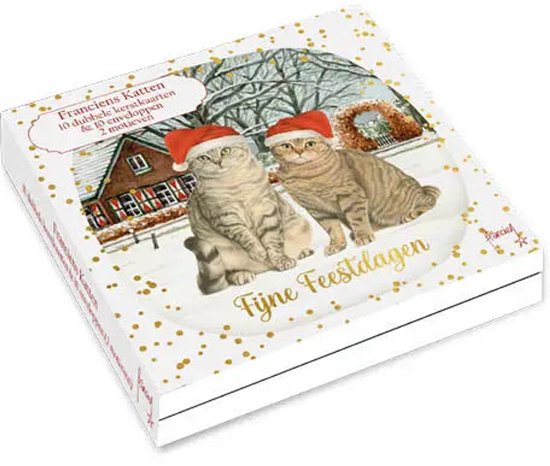 Vierkante doos met kerstkaarten met twee katten met kerstmutsen in de sneeuw en gouden confetti-details.