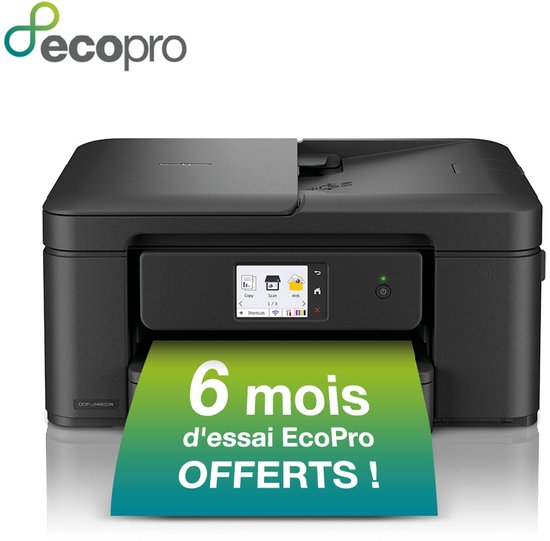 Zwarte Brother multifunctionele inkjetprinter met een scherm waarop staat: 6 maanden gratis EcoPro-proefversie.
