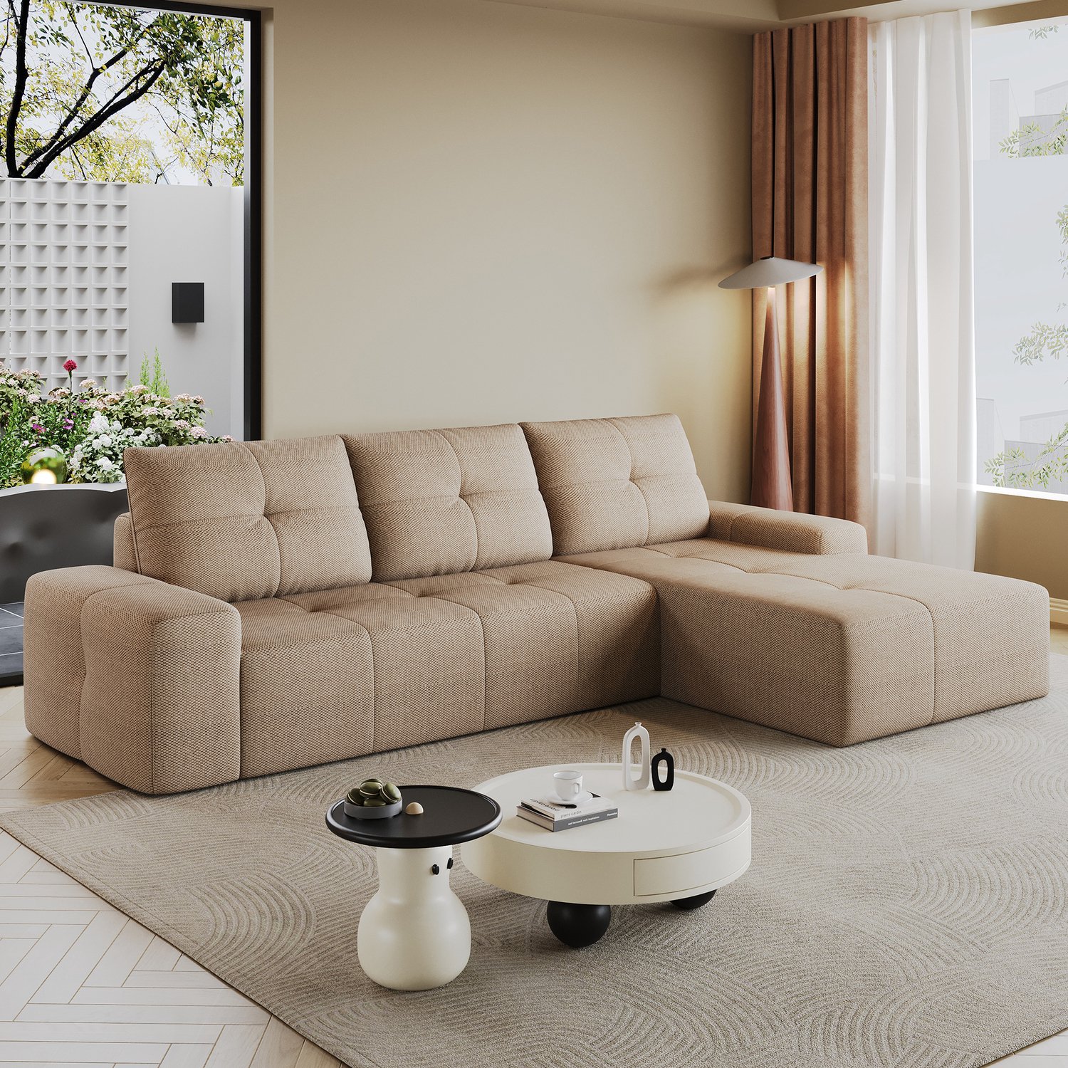 Wishdor Hoekbank met verlengd liggedeelte - Driezitsbank in L-vorm - Compressieverpakt met hoogelastisch schuim - Zachte stoffen bank voor de woonkamer - Kaki - 262 x 172 x 82 cm Khaki