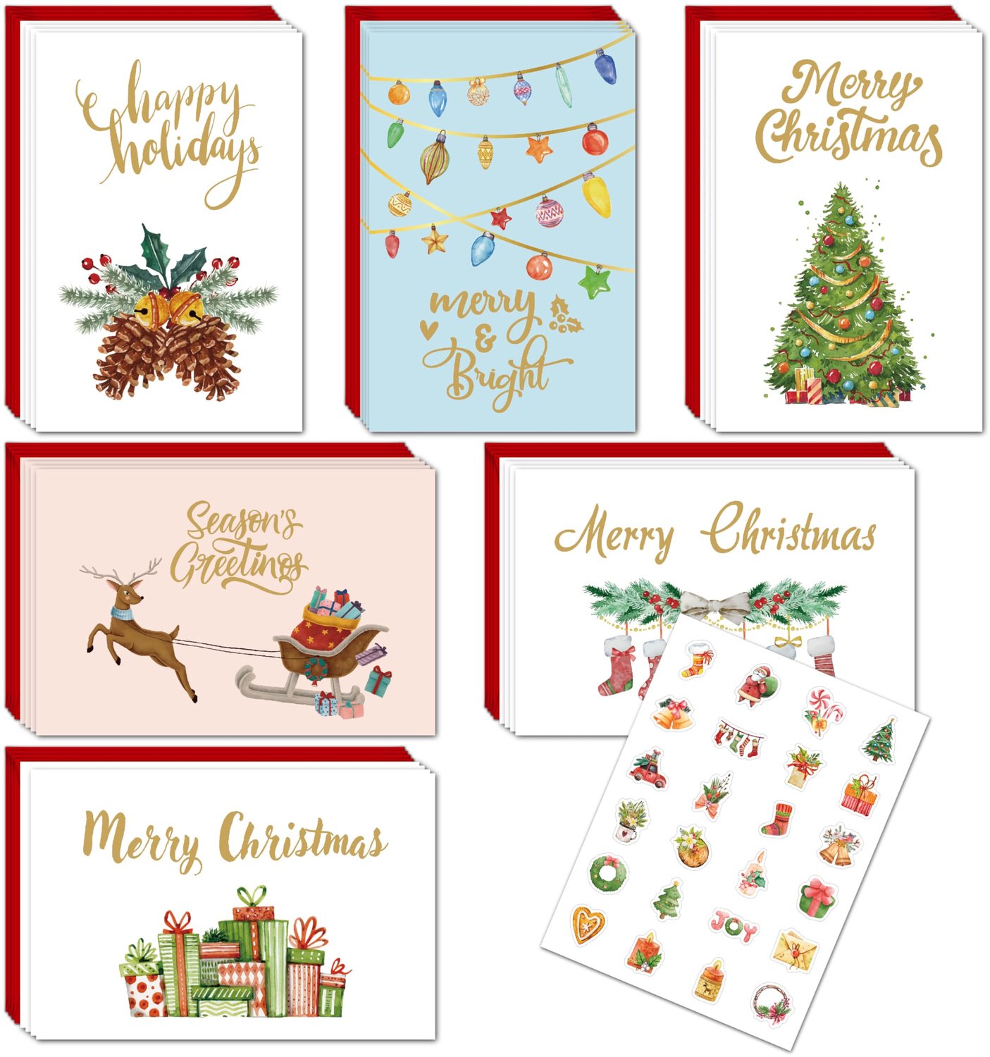 Set van 24 Kerstgroetkaarten met Rode Enveloppen