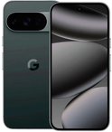 Achterkant en voorkant van een donkergroene Google-smartphone met een horizontaal camerablok en G-logo.