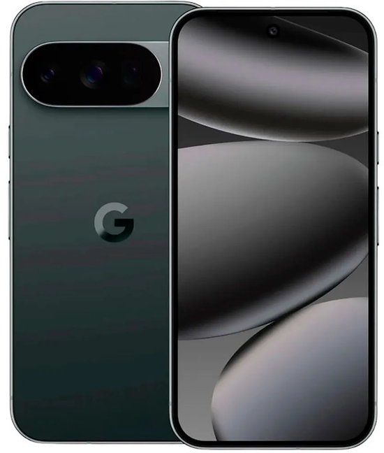 Achterkant en voorkant van een donkergroene Google-smartphone met een horizontaal camerablok en G-logo.